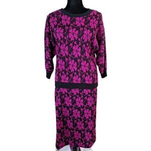 Vintage 1980s Fuschia Black Floral Knit Skirt Set Women Size Small New Wave